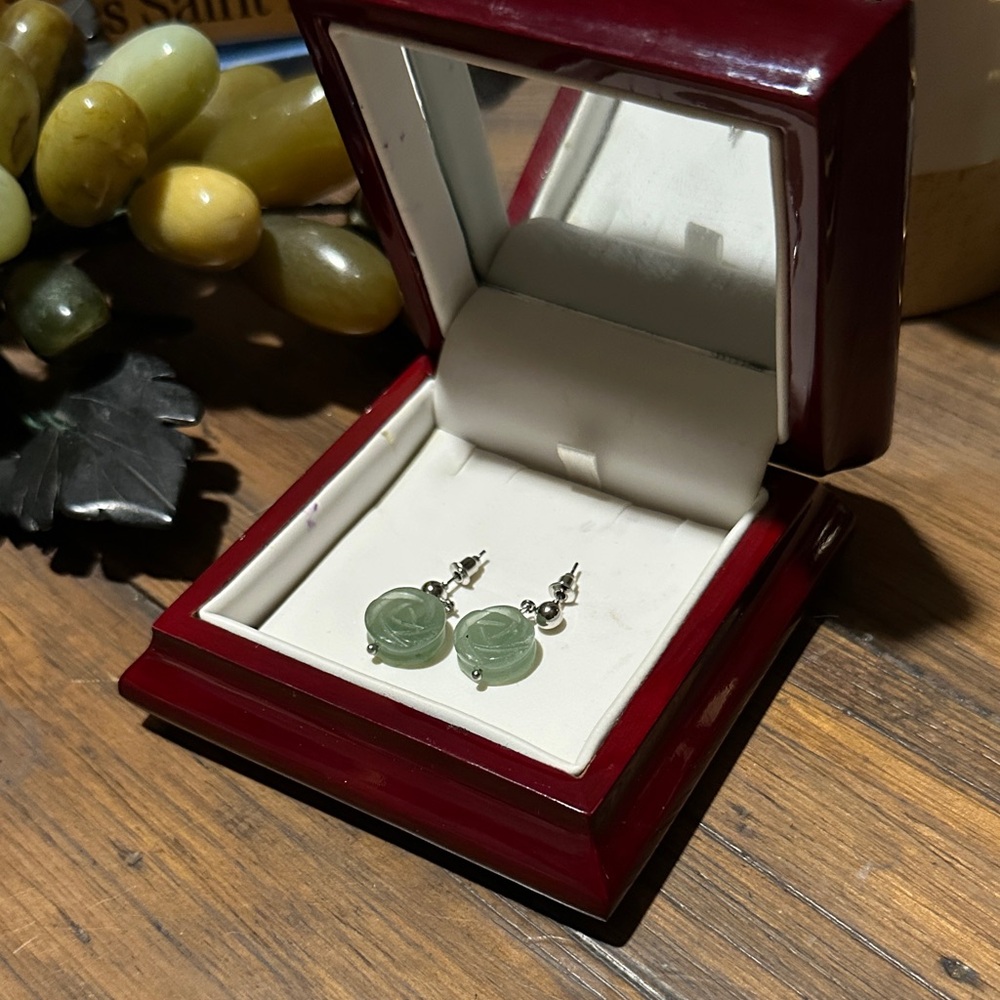 Aventurine or Jade Carved Rose Earrings - Silvertone and Handcrafted